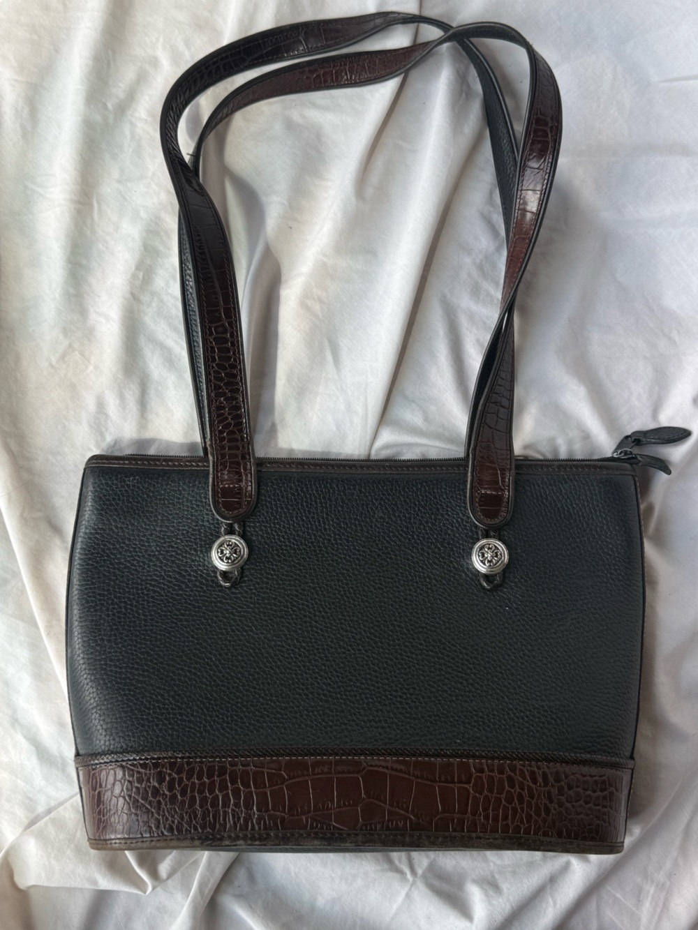 Brighton Leather Shoulder Bag Brown and Black Leather Bag with Silver Hardware